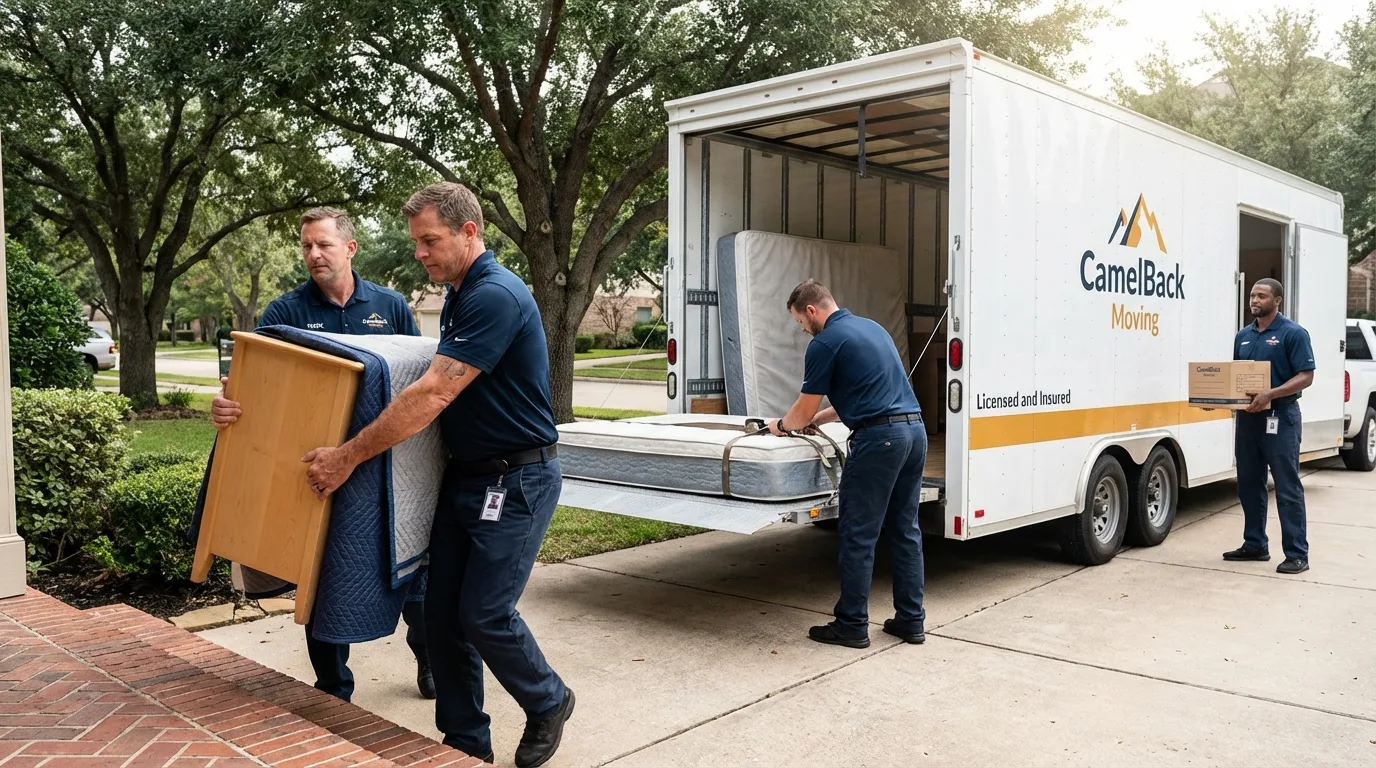 Crew loading residential truck for cross-state move from Riverside, IA