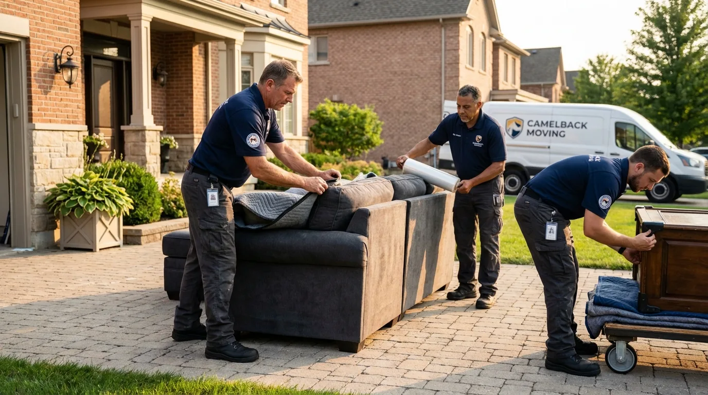 Large estate moving crew wrapping furniture in Riverside, IA