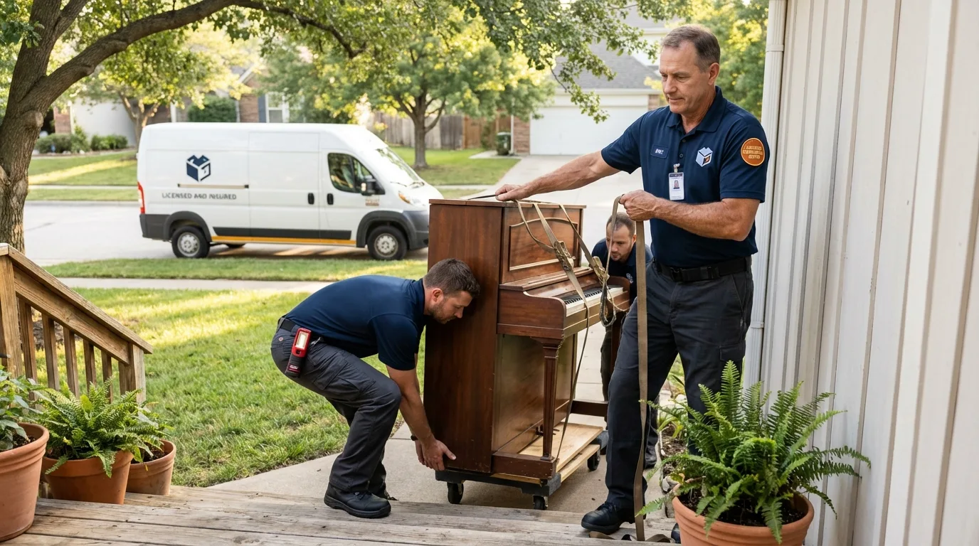 Licensed piano movers securing grand piano in Riverside, IA
